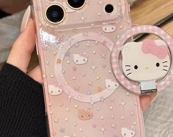 Pastellrosa kattunge MagSafe iPhone-skal med greppstativ, iPhone 17, iPhone 17 Pro, iPhone 17 Pro Max, Magsafe-skal, Magsafe Grip