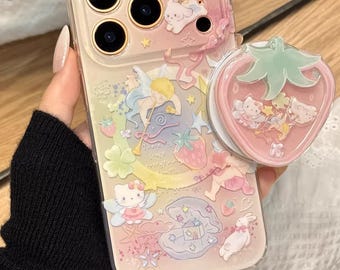 Jordgubbskatt Ängel Cupid MagSafe iPhone-skal med greppstativ, iPhone 17, iPhone 17 Pro, iPhone 17 Pro Max, Magsafe-skal, Magsafe Grip