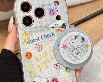 Funda MagSafe para iPhone con soporte de agarre y purpurina de Snoopy con grafiti, color arena brillante, para iPhone 17, iPhone 17 Pro, iPhone 17 Pro Max, funda MagSafe, agarre MagSafe
