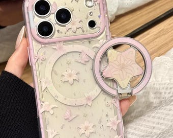 Rosa Lila Fjärilslilja MagSafe iPhone-skal med Grip-stativ, iPhone 17, iPhone 17 Pro, iPhone 17 Pro Max, Magsafe-skal, Magsafe Grip