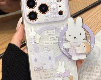 Purple Pajamas Miffy Rabbit MagSafe iPhone Case with Grip Stand, iphone 17, iPhone 17 Pro, iPhone 17 Pro Max, Magsafe Case, Magsafe Grip