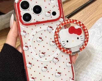 Rött prickigt Hello Kitty MagSafe iPhone-skal med greppstativ, iPhone 17, iPhone 17 Pro, iPhone 17 Pro Max, Magsafe-skal, Magsafe Grip