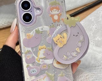 Jellycat Lila Aubergine Katt MagSafe iPhone-skal med Grip-stativ, iPhone 17, iPhone 17 Pro, iPhone 17 Pro Max, Magsafe-skal, Magsafe Grip