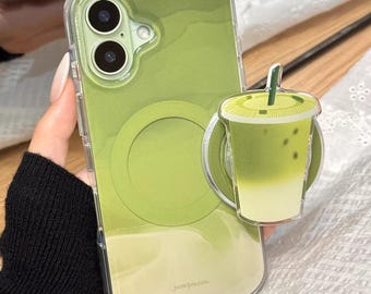 Tonad Matcha Pearl Milk Tea MagSafe iPhone-skal med greppstativ, iPhone 17, iPhone 17 Pro, iPhone 17 Pro Max, Magsafe-skal, Magsafe Grip