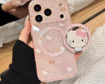 Pastel Pink Kitty Cat MagSafe iPhone Case with Grip Stand, iphone 17, iPhone 17 Pro, iPhone 17 Pro Max, Magsafe Case, Magsafe Grip