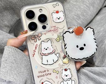 Cartoon schattige hond draaiend MagSafe iPhone-hoesje met handgreep, iphone 17, iPhone 17 Pro, iPhone 17 Pro Max, Magsafe-hoesje, Magsafe-greep