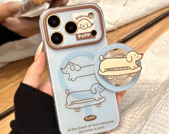 Line Art Skateboard DachshundMagSafe iPhone-hoesje met handgreep, iphone 17, iPhone 17 Pro, iPhone 17 Pro Max, Magsafe-hoesje, Magsafe-greep