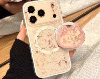 Milky Line Art Cat MagSafe iPhone-hoesje met handgreep, iphone 17, iPhone 17 Pro, iPhone 17 Pro Max, Magsafe-hoesje, Magsafe-greep