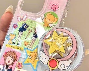 Anime Tecknad Söt Cardcaptor Sakura Keroberos Tomoyo Trollstav Roterande Magnetiskt Stativ Mobilskal till iPhone 17 / 16 / 15 Pro Max