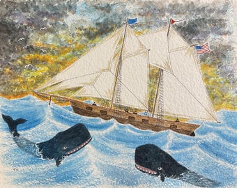 Watercolor Sailing Ship Painting: Stormy Seas, Whales, Nautical Americana Art (11"x14")