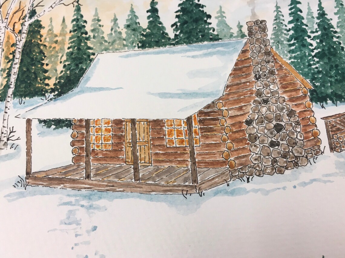 Original Watercolor Paintinglog Cabin Paintinglodge Look Etsy