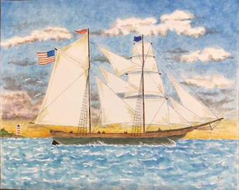 Framed Tall Ship Watercolor Painting: Vintage Nautical Seascape (8x10)