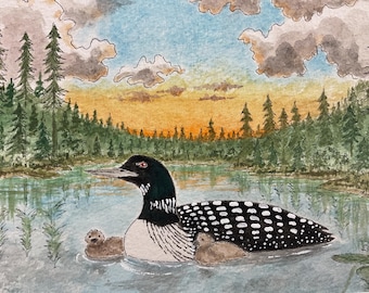 Loon Watercolor Painting: Northwoods Cabin Lake Landscape Art (5"x7")