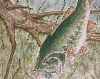 Largemouth Bass Watercolor Painting – Wildlife Art for Cabin Decor