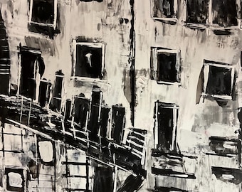 abstract painting;outsider painting;expressionist painting;black and white art;abstract wall art;cityscape painting;industrial painting;
