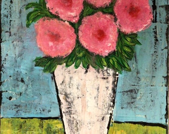 Abstract Floral Still Life Painting: Mixed Media Acrylic Flower Art (11x14)