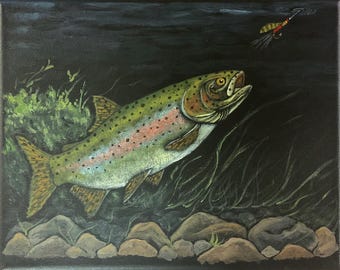 Rainbow Trout Fishing Painting: Acrylic Wildlife Art for Cabin Walls
