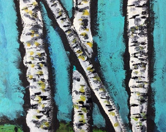 Original Acrylic Birch Tree Painting, Rustic Cabin Art (11x14)