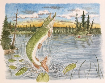 Muskie Watercolor Painting: Lake Landscape Cabin Art (9x12 with 11x14 Matte)