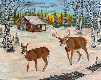 Whitetail Deer Winter Cabin Painting – Wilderness Lodge Art (9"x12" Wood Panel)
