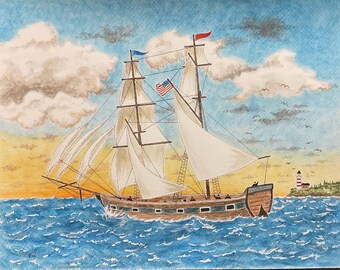 Tall Ship Sailing Painting, Nautical Americana Folk Art Seascape Watercolor