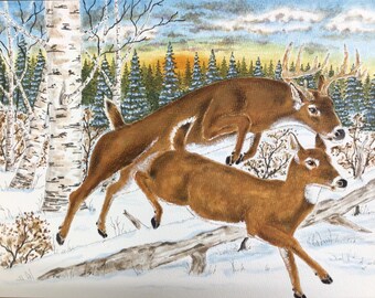 Whitetail Deer Watercolor Painting: Northwoods Winter Landscape Art (9x12)