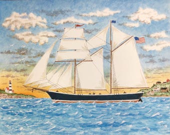 Nautical Folk Art: Tall Ship Watercolor Painting (11x14)