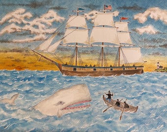 Watercolor Sailing Ship Painting: Whaling Scene, Nautical Folk Art (11"x14")