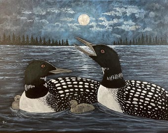 Loon Family Moonlight Painting: Cabin Lodge Wall Art, Nature Landscape