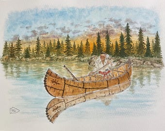 Native American painting;birchbark canoe painting;historical art;canoeing painting;northwoods landscape;lodge look painting;Ojibwa painting