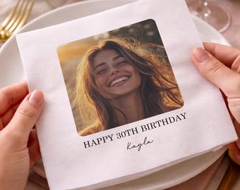 Custom Photo Birthday Napkins, Personalized Party Decor, Name Age Napkins