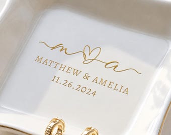 Engraved Initials Jewelry Dish, Custom Ring Ceramic Tray with Name, Personalized Ring Holder, Bridesmaid Gift, Wedding Gift for Her