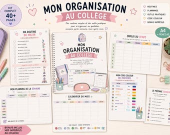 Organisation collège à imprimer | Routines, emploi du temps, planning semaine et mois | Kit PDF A4 A5 + bonus