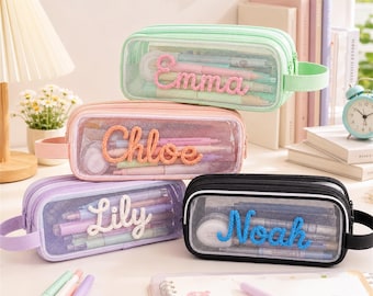 Personalized Mesh Pencil Case, Custom Embroidered Name Pouch, Clear School Supply Bag, Back to School Gift for Kids