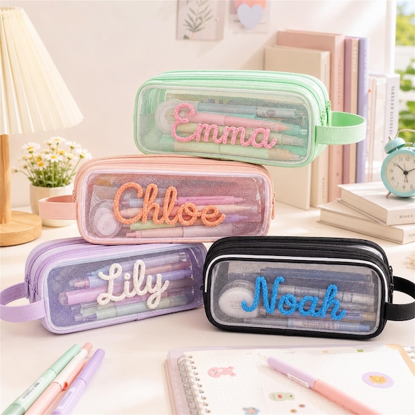 Personalized Mesh Pencil Case, Custom Embroidered Name Pouch, Clear School Supply Bag, Back to School Gift for Kids