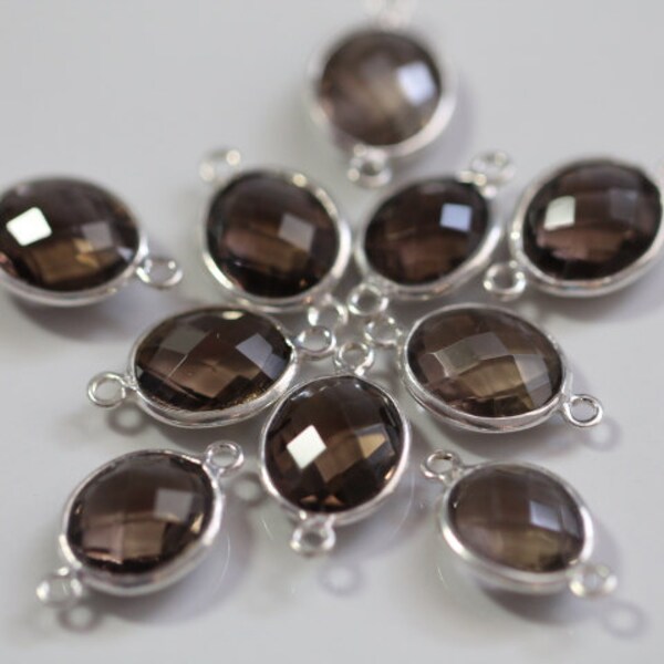 Smoky Quartz Faceted Oval Bezel Gemstone Sterling Silver Connector, 10 x 18 mm (GM3201FO-SC)
