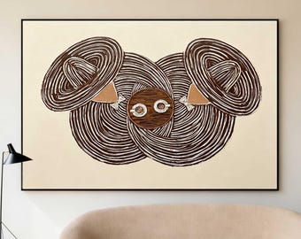 Textured Abstract Face Wall Art for Living Room Neutral Brown Canvas Painting
