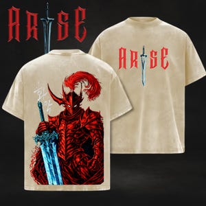 Red Demon Knight Anime Washed T Shirt, Dark Fantasy Warrior Graphic Tee, Vintage Anime Streetwear Gift