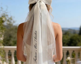 Personalised Printed Bridal Veil Classic White Bow Veil with Long Tail Future Mrs Bow Wedding Veil Bridal Accessories Bachelorette Party