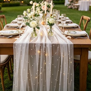 Wedding Table Runner with Pearls,Sheer Tulle Wedding Decor,Elegant Bridal Reception Table Scarf,Romantic Bridal Shower,Custom Wedding Decor