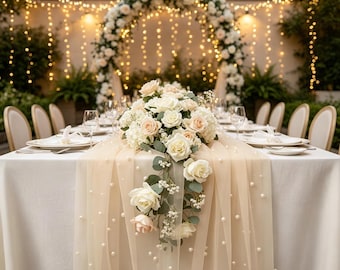 Personalized Pearl Tulle Table Runner Custom Wedding Banner, Wedding Bridal Shower Runner Table Wedding Reception Gift Anniversary Gift Idea