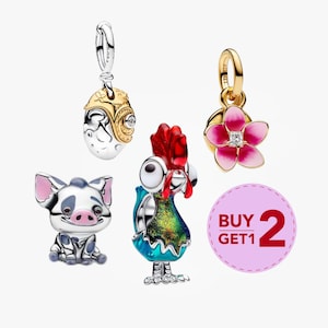 Disney Vaiana Charms | Pua Pig Heihei Tupphänge | Rosa Plumeriablomma Havsberlock | Söt tropisk present till henne | Passar Pandora Armband