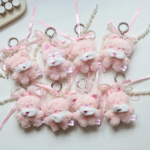 SKZOO Plush Keychain | Handmade Pearl Bow Accessory | Skz Fandom Gift | Pink Ita Bag Tag | Kpop Backpack Charm | Stray Kids Merch