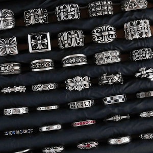 Pierścień ze srebra w stylu CH z gotyckim krzyżem | Chromowany pierścień vintage Y2K | Biżuteria motocyklowa w stylu grunge | Pierścień vintage forever cross flower ze srebra 925 platerowanego