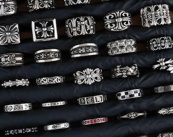 CH Style Gothic Kreuz Silber Ring | Chrom Y2K Vintage Ring | Grunge Biker Schmuck |Platt 925 Silber Vintage für immer Kreuz Blumen Ring