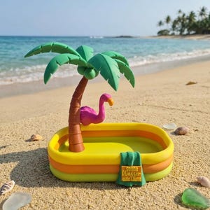 Könnte beinhalten: Ein Miniatur-Planschbecken in Gelb und Orange mit einer braunen Palme und einer rosa Flamingo-Figur. Ein grünes Handtuch hängt über dem Rand, auf dem der Text "Sonne Wasser gute Laune" aufgedruckt ist. Das Objekt steht vor einer Strandkulisse.