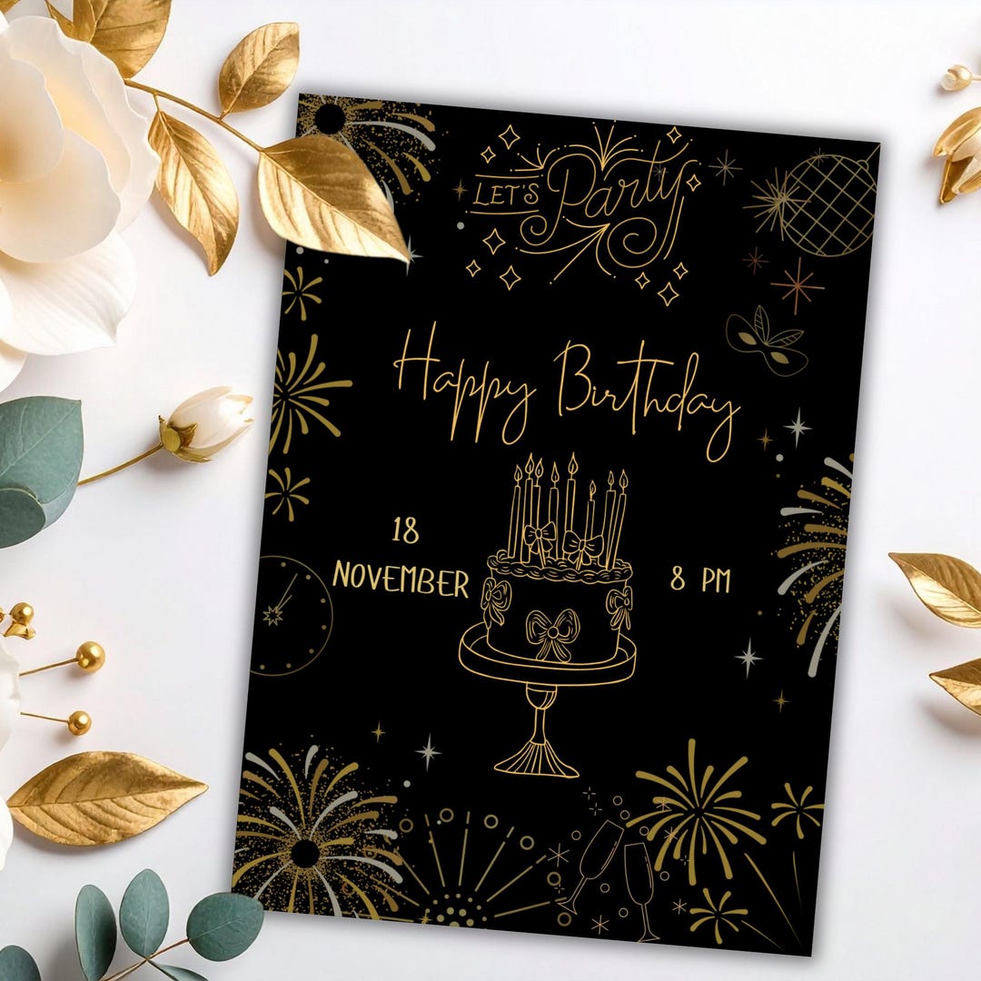 Black and Gold Birthday Invitation Template: Elegant Party Printable ...