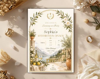 Può includere: Un biglietto d'invito rettangolare con un'illustrazione ad acquerello di un paesaggio del Lago di Como con una terrazza in pietra, rami d'ulivo e rose bianche. Il testo recita: Join us for an Evening in Italy, Sophia's 30th Birthday Dinner, Villa Bellagio, Lake Como, Italy.
