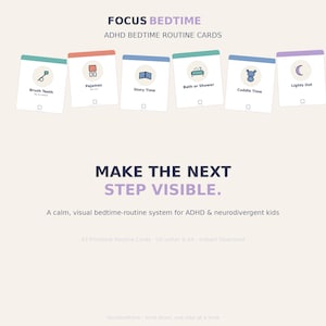 Könnte beinhalten: Ein Set aus sechs rechteckigen Routinekarten mit der Aufschrift FOCUS BEDTIME ADHD BEDTIME ROUTINE CARDS. Jede Karte hat einen farbigen oberen Rand, ein kreisförmiges Symbol und Text, darunter Brush Teeth, Pajamas, Story Time, Bath or Shower, Cuddle Time und Lights Out.