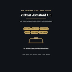 May include: A dark digital interface titled Virtual Assistant OS, The Complete VA Business System. It features gold-colored buttons labeled Client CRM, Task Tracker, Time & Billing, Invoices, SOP Library, and Lead Pipeline, with a central icon.